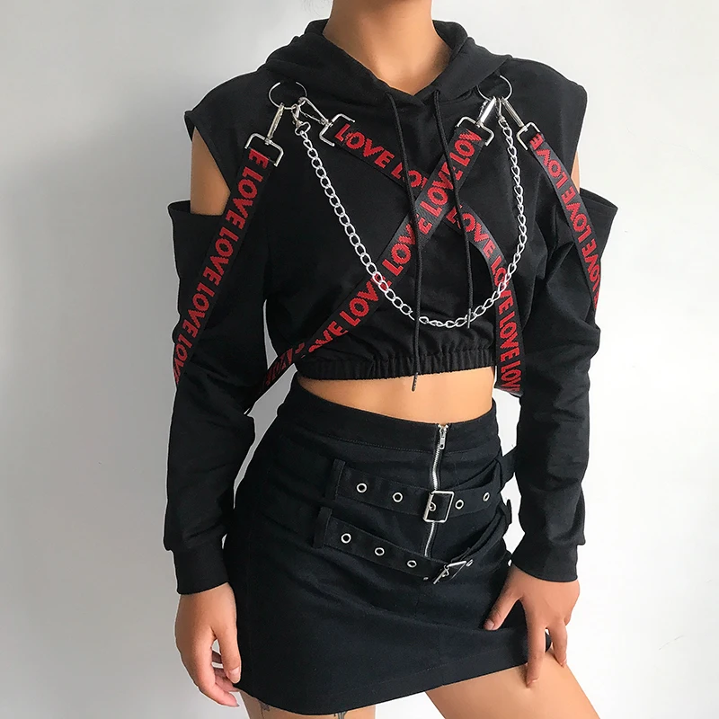 Weekeep Metal Chain Patchwork Hoodies Women Hooded Streetwear Pullover Hoodie Fashion Cropped Long Sleeve Sweatshirt Crop Top