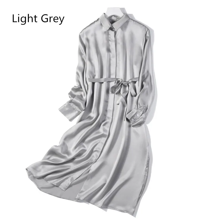 Женское Летнее шелковое платье, многоцветные платья из натурального шелка, элегантное платье, повседневное праздничное длинное платье-рубашка из натурального шелка - Цвет: light grey