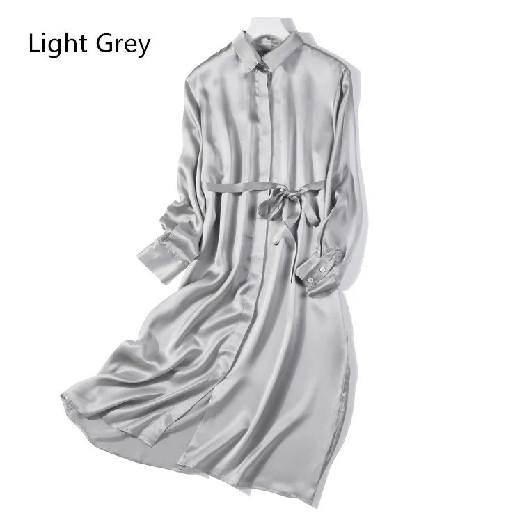 light grey Женское Летнее шелковое платье, многоцветные платья из натурального шелка, элегантное платье, повседневное праздничное длинное платье-рубашка из натурального шелка - Цвет: light grey