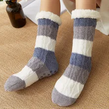 

Winter Cotton Socks Women Plus Thicken Comfortable Stripes Socks Mid-Calf Sleep Warm Stocking Xmas Gifts Home Floor Carpet Socks