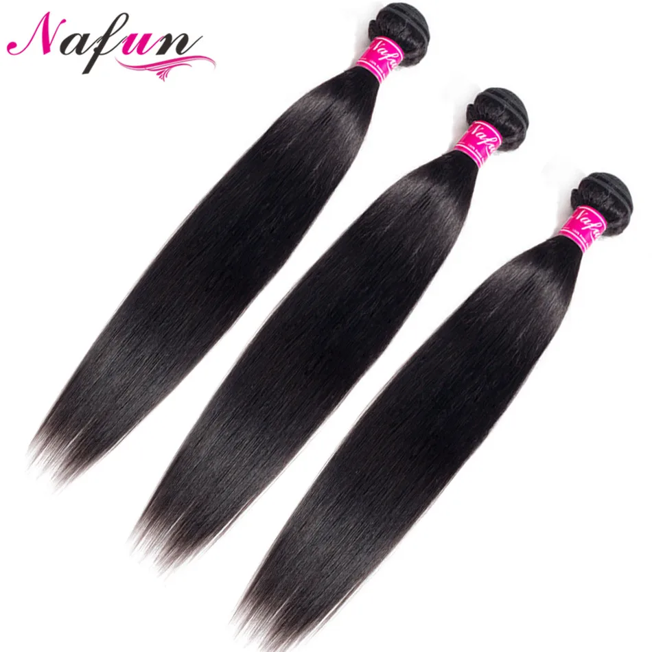 Nafun Straight Hair Bundles With Lace Frontal Human Hair Bundles With Frontal Peruvian Non-Remy Hair Extensions Middle Ratio