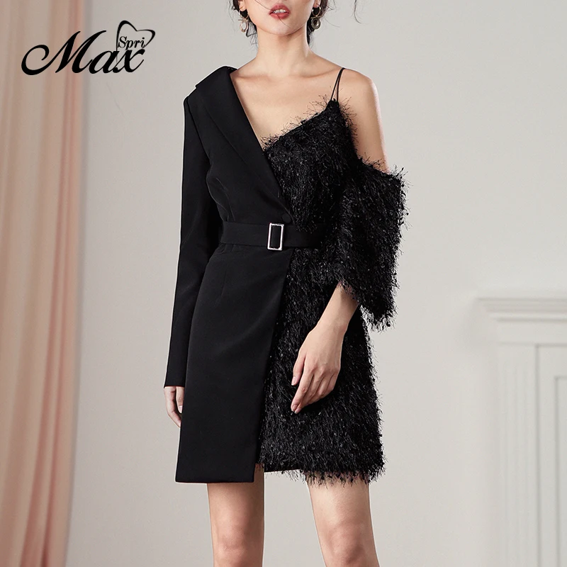 Женское Асимметричное мини-платье Max Spri Черное вечернее платье с длинным рукавом