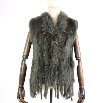 

Harppihop Ladies Genuine Knitted Rabbit Fur Vest Raccoon Fur Trimming Tassels Women Fur Natural Waistcoat Lady Gilet colete pel