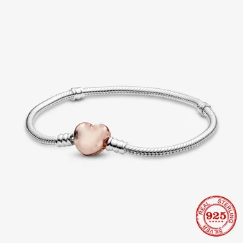 

925 Sterling Silver Moments Heart Clasp Snake Chain Bracelet Fit Charm Bracelets & Bangles Jewellery Pulseira Feminina Bracelet