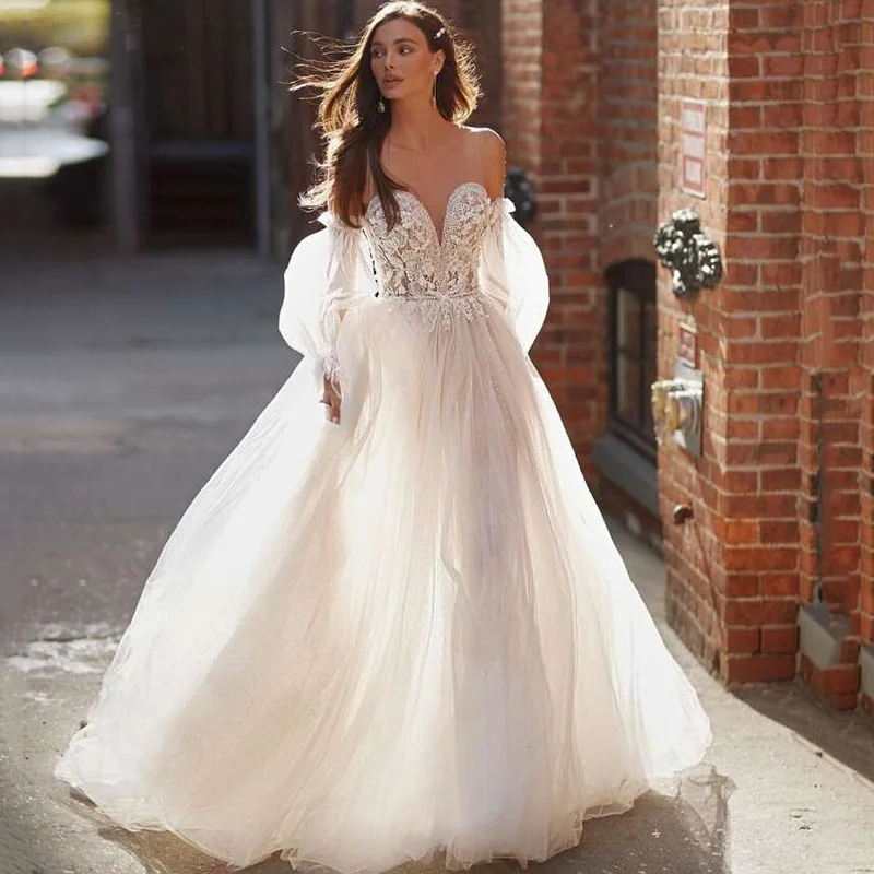 Fata Boho Abiti Da Sposa Puff Manica Lunga Pizzo Abito Da Sposa Principessa Robe De Mariage Perline Punteggiato Tulle Abiti Da Sposa Vintage