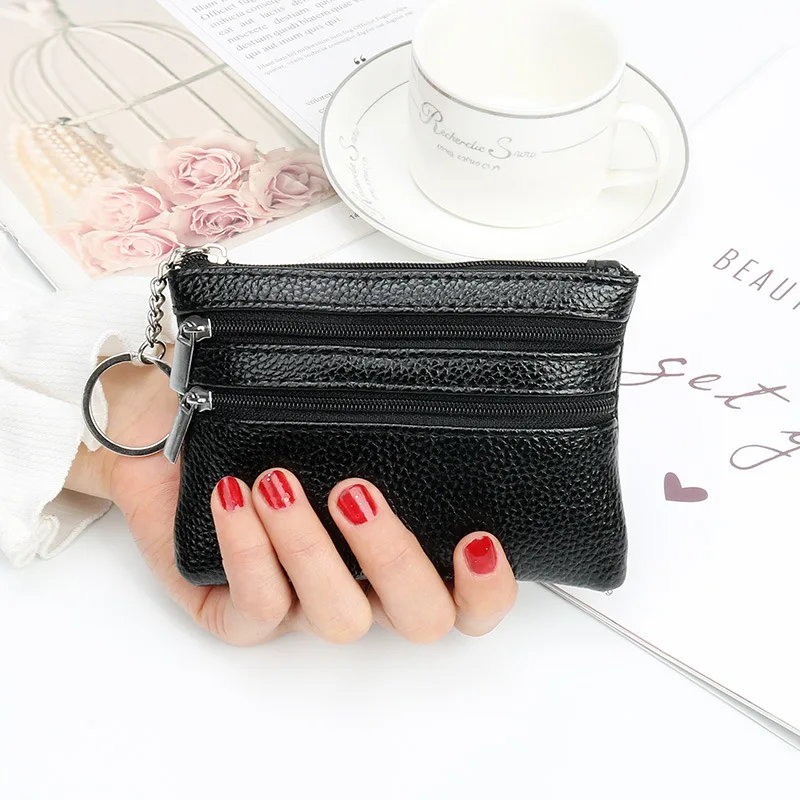 Women Double Zipper Wallet Solid Color Mini Coin Purse Keychain Pu Leather  Change Purse Minimalist Money Pouch - Coin Purses - AliExpress