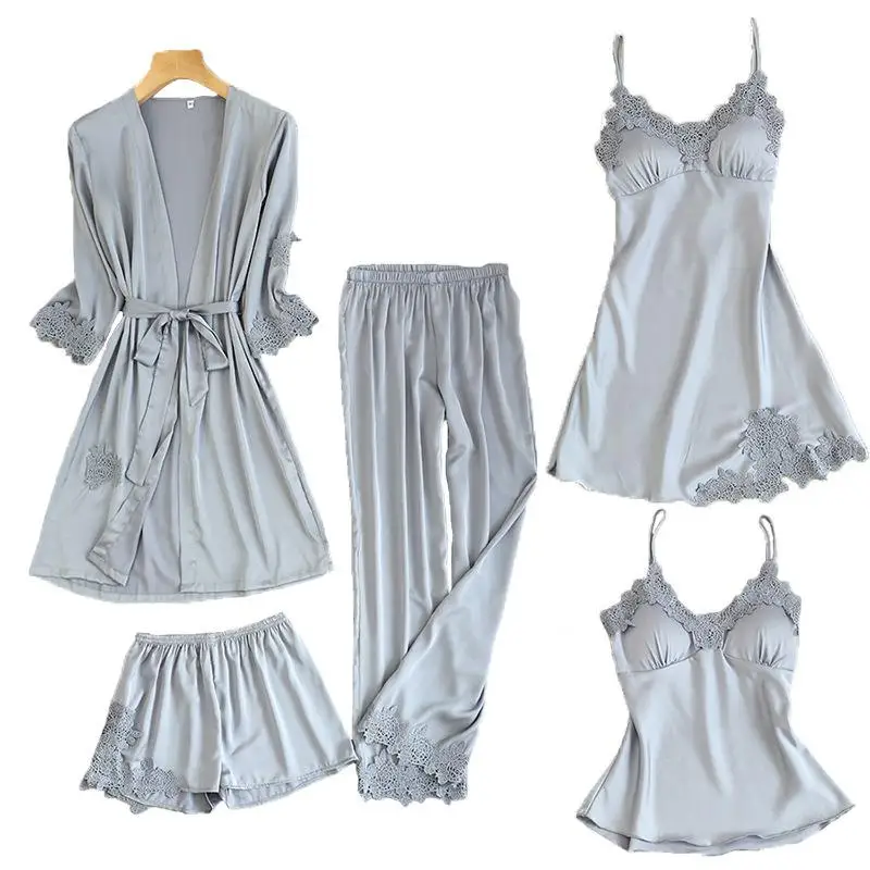 Pink Female Bride Bridesmaid Wedding Robe Sexy 2PCS Robe Set Classic Belt Sleepwear Nightgown Lace Patchwork Intimate Lingerie - Color: Silver Grey 5PCS