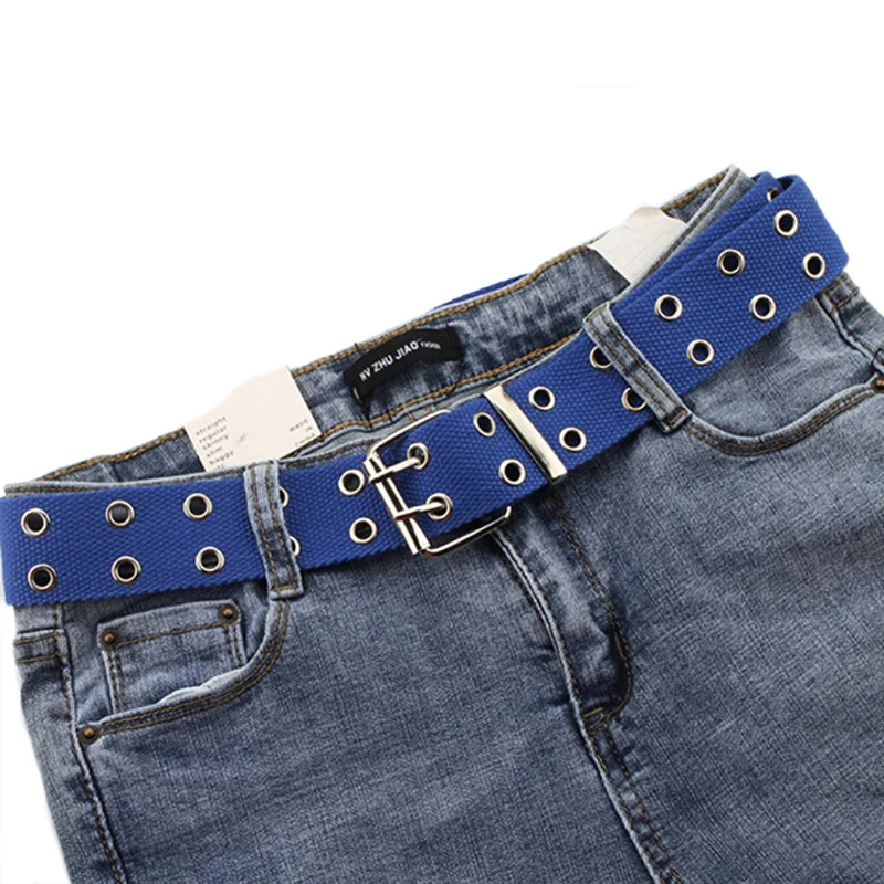 genuine leather belt Women Studded Grommet Hole 2 Row Pin Buckle Canvas Nylon Belt Waistband bulliant belt