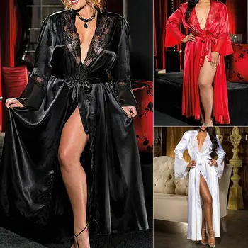 

Sexy Women Lady Lingerie Satin Silk Lace Patchwork Gown Bathrobes G-string Long Nightdress Lingerie Kimono Robe with Belt