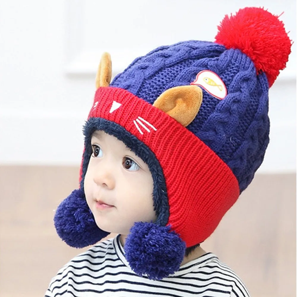 Зимняя детская шапка, теплая детская шапка Skullies, Шапка-бини для детей, для мальчиков и девочек, с кошачьими ушками, детские вязаные крючком детские шапки