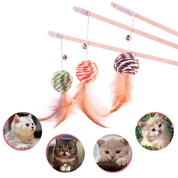 

New pet funny cat stick wooden pole feather bell funny cat rod interactive toy ball cat toy sisal solid wood feel good durable