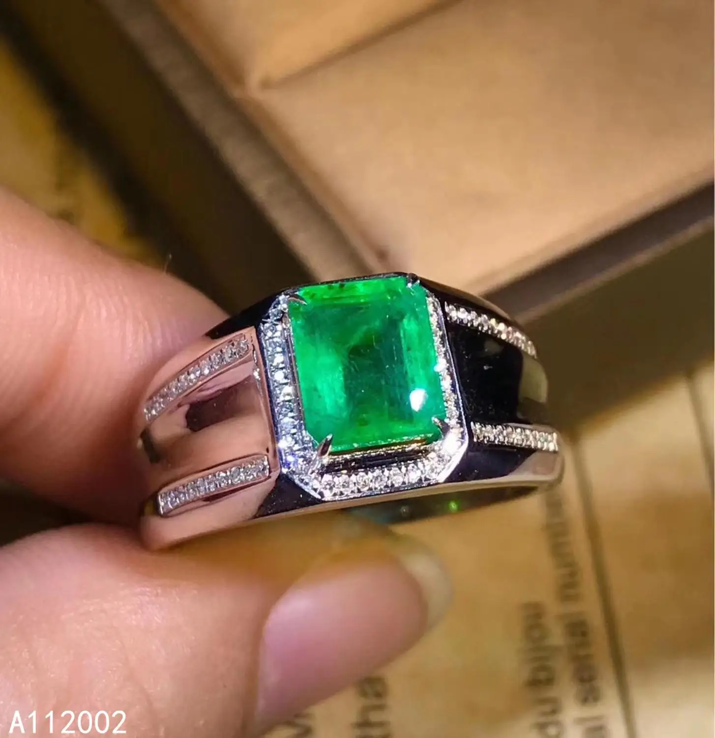 Natural Emerald Gemstone Ring Silver adustable 