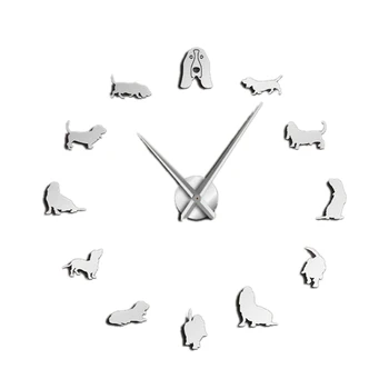 

SZS Hot Basset Hound Acrylic Mirror Silhouette Diy Giant Wall Clock Pet Shop Dog Breed Big Clock Frameless Wall Watch Dog Lovers