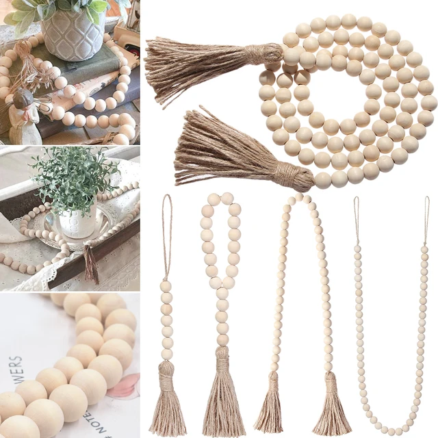  Wood Bead Garland with Tassels Farmhouse Beads Rustic