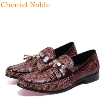 

Brand Chentel Tassel Fashion Mens Dress Shoes Genuine Printed Leather Loafters For Business Comfortable Outside Mens Shoes