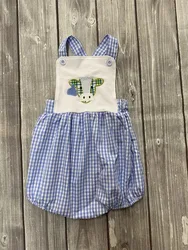 Barboteuse à carreaux bleu pour garçon, vêtements d'été, bretelles, sans manches, tête de vache, motif brodé, pour tout petit 