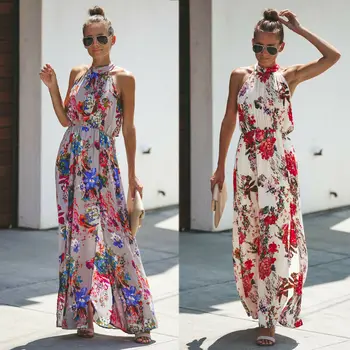 

Women Fashion Summer Boho Long Maxi Dress Halter Floral Printed Beach Dresses Sundress