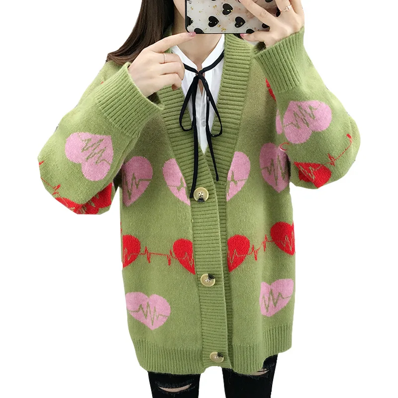 Neploe Love Heart жаккардовый вязаный кардиган с v-образным вырезом для женщин осень зима корейский свободный шерстяной кардиган женский пуловер 54434