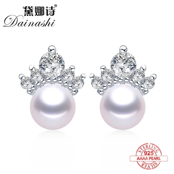 

2020 New Natural Freshwater Pearl Earrings Shiny Crystal Crown Stud Earring 925Silver Fashion Zircon Fine Jewelry Gift For Women