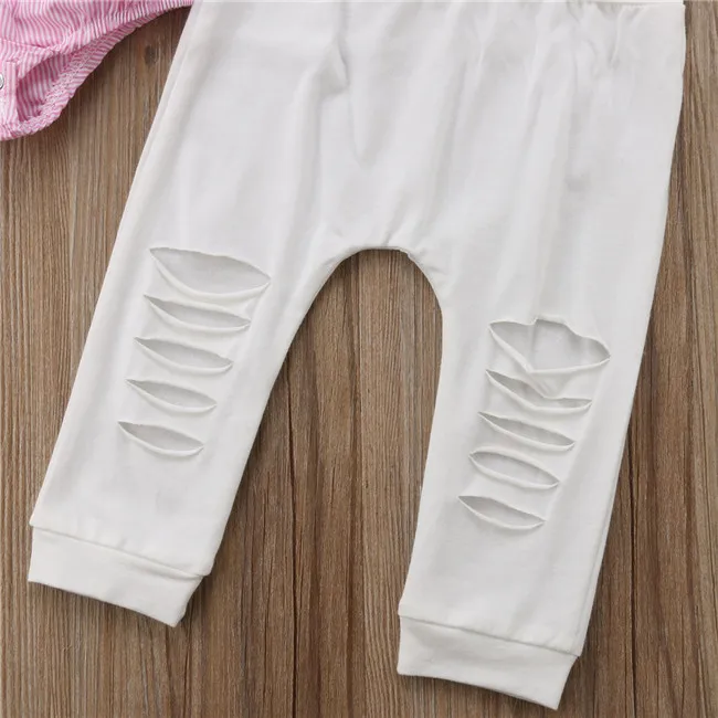 2PCS Baby Girls Clothing Set Girls Off Shoulder Romper +White Ripped Jeans Pants Infant Pink Outfits Newborn Clothes Sets