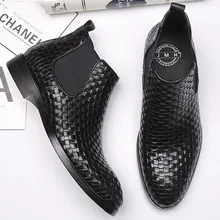 2019 Mens Dress Boots Weaving Leather Ankle Boots Pointed Genuine Leather Black Cowboy Boots Euro 44 Business Shoes