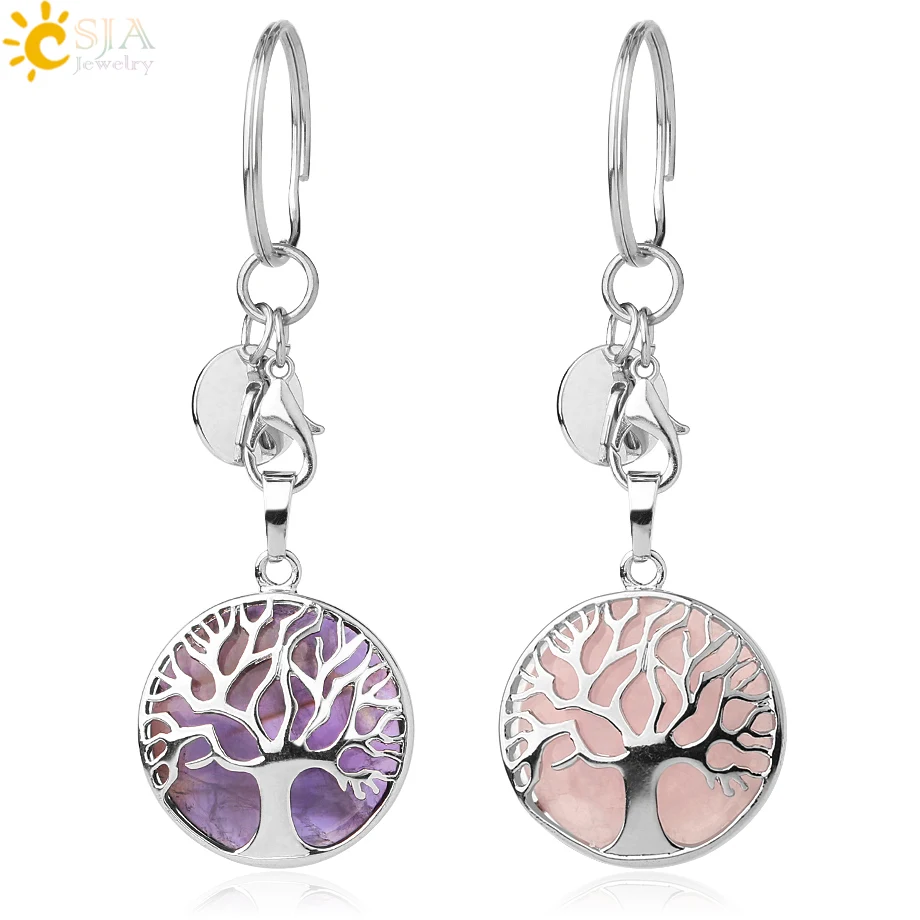 

CSJA Natural Stone Keychains Silver Color Tree of Life Keyring Healing Crystal Car Bag Wallet Decor Keyholder for Women Men G498