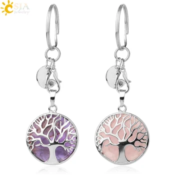 

CSJA Natural Stone Keychains Silver Color Tree of Life Keyring Healing Crystal Car Bag Wallet Decor Keyholder for Women Men G498