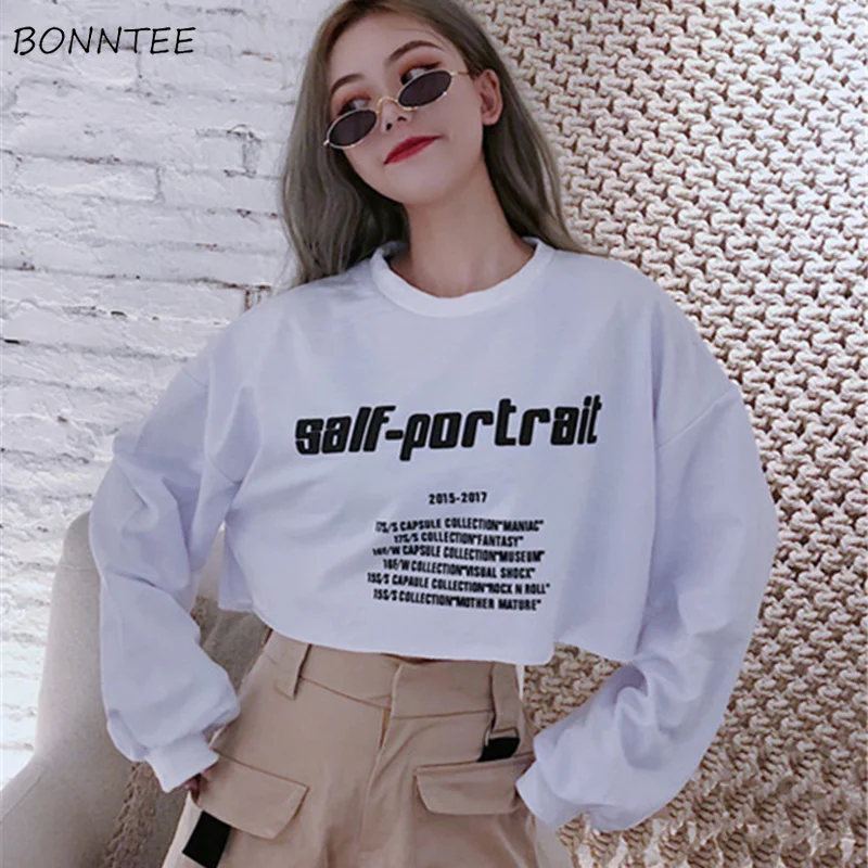  Hoodies Women Cotton Short Elegant Sweet Chic Letter Printed Sweatshirt Lady Korean Loose All-match