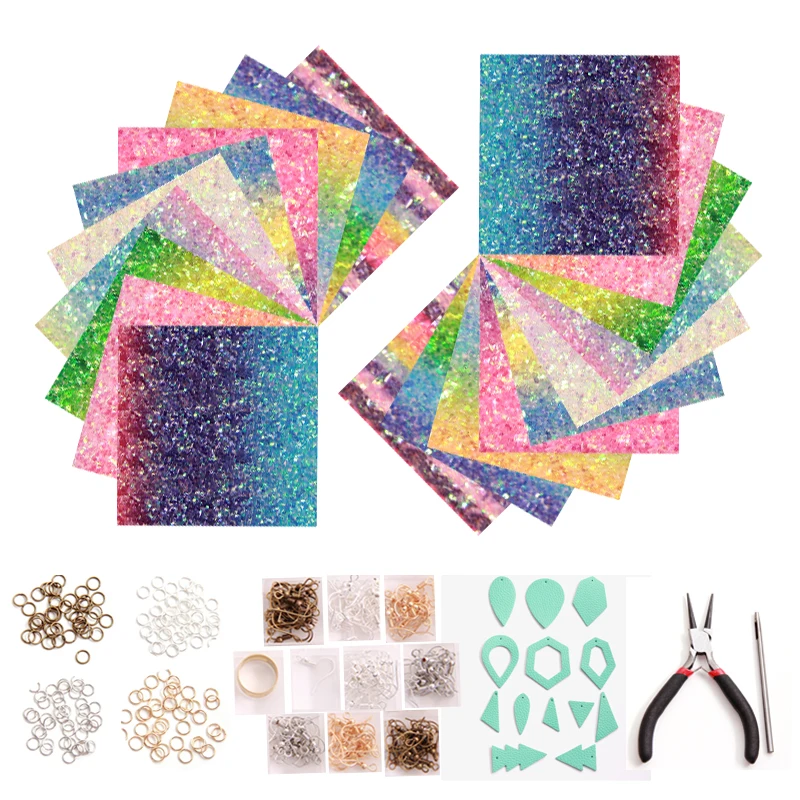 

Sequins Rainbow Pu Leather Earrings Findings Gradient Jewelry Suit Set For DIY Earings Making Clasps Hooks Jump Ring Connector