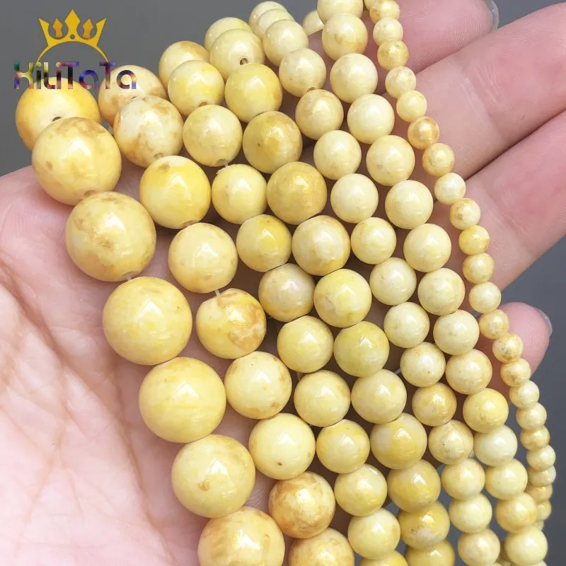 Natural Stone Beads Round Yellow Plated Gold Jades Loose For Jewelry Making DIY Bracelet Accessories 15'' 4/6/8/10/12mm | Украшения