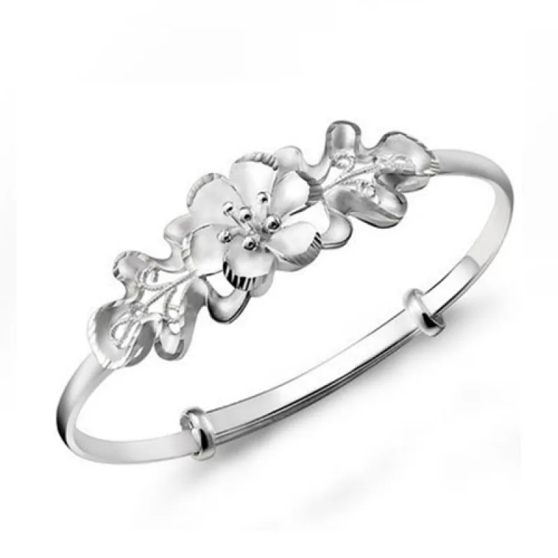 Fashion 925 Sterling Silver Woman Cuff Bracelet Adjustable Flower Lucky Bangle Retro Bridesmaid Jewelry Charm Gifts