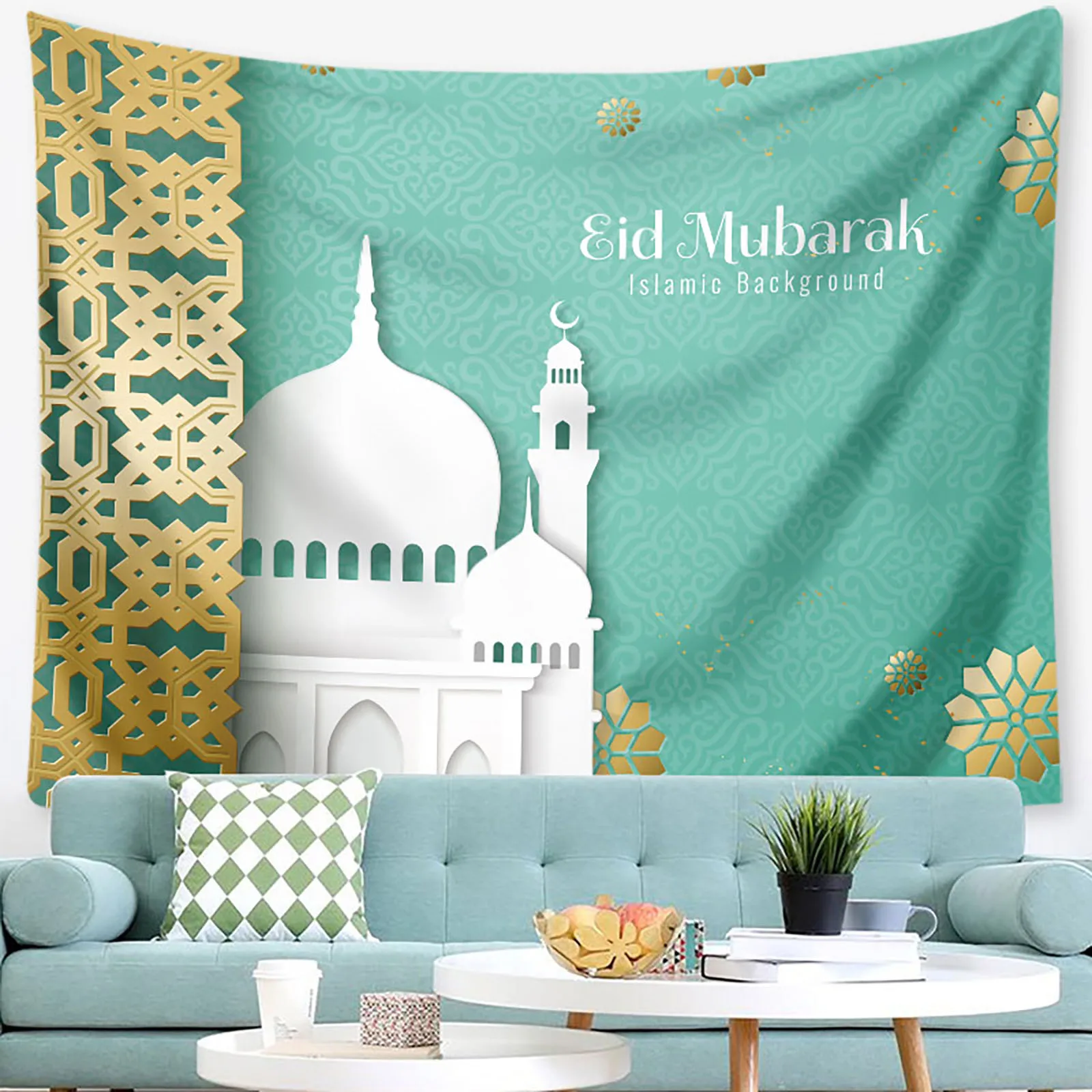 Tapiz colgante de pared para Festival de Ramadán, decoración de pícnic al aire libre, esterilla de mesa, tela de Eid Mubarak, impresión Digital, tapiz para decoración del hogar