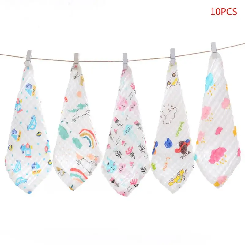  10 Pcs/Set Cotton Baby Muslin Washcloth with Printed Design Newborn Handkerchief Gauze Infant Face 