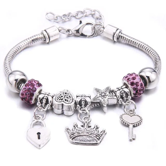 Antique Crown key lock Shape 6-colors crystal Charm Bracelets for Women Glass Beads Brand Bracelet & Bangle DIY Jewelry Gifts 3