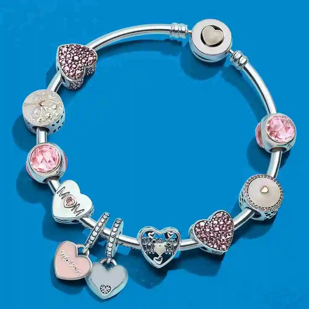 

100% 925 Sterling Silver Tree of Hearts Charm Precious Enamel I LOVE YOU MOM Beaded Charm Mother's Day Gift Bracelet Set