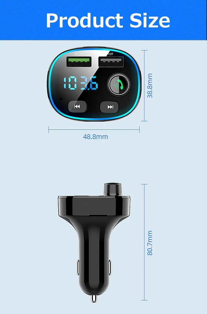 Автомобильное зарядное устройство с двумя USB, Bluetooth 5,0, fm-передатчик, быстрая зарядка 3,0, быстрое зарядное устройство для мобильного телефона, QC3.0, зарядное устройство, поддержка Handfree
