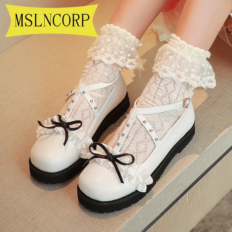 

Plus Size 34-43 Lolita Shoes Buckles Mary Janes Shoes Women Cross-tied Platform Shoes Leather Girls Shoes Rivet Casual Shoes