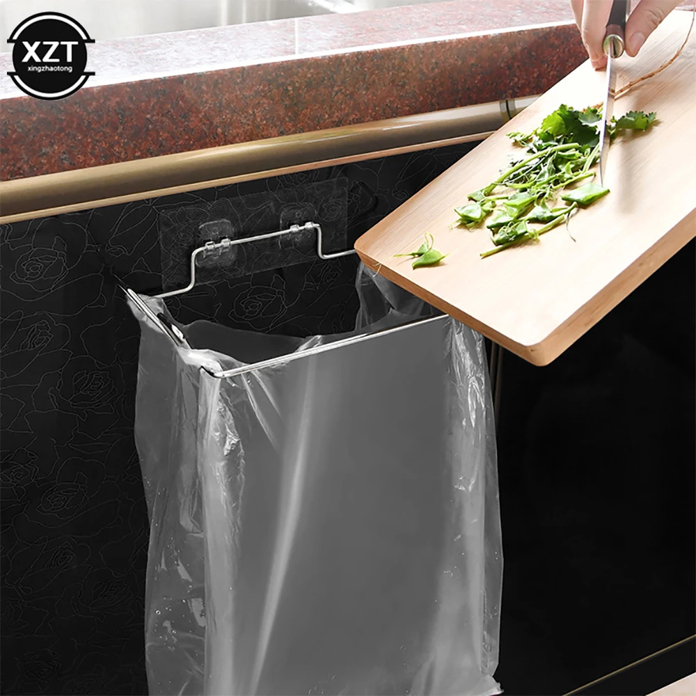 Garbage Bag Holder Kitchen Trash Rack Cabinet Door Garbage Bags Holder Stainless Steel Closet Garbage Storage Holder Bags Rack