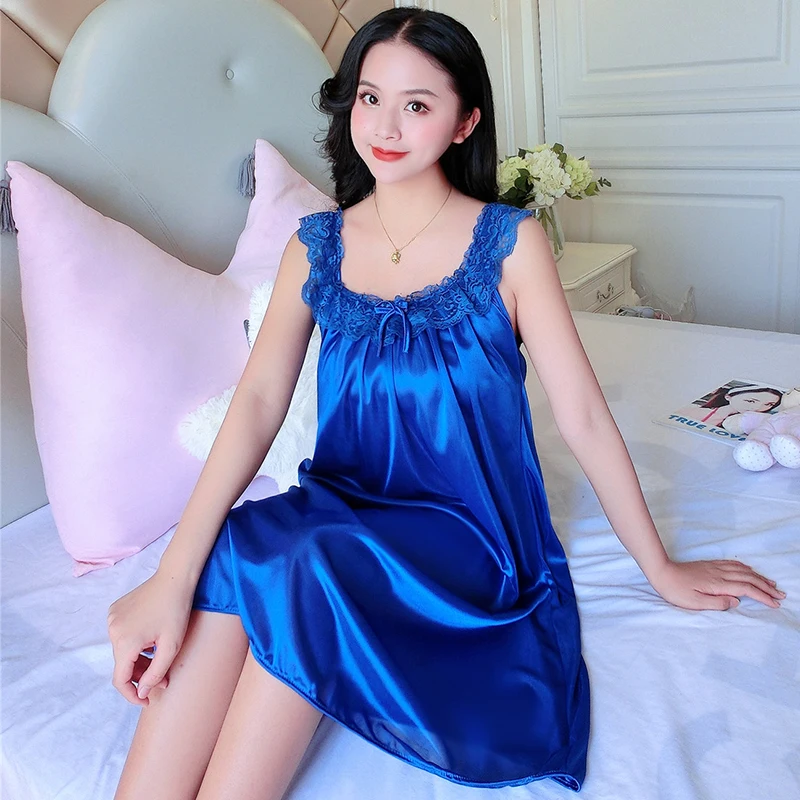 4XL Spring Ice Silk Lace Nightgown Home Clothing Ladies Long Gowns Pink Sleep Dress Women Sleepwear Sleeveless Sexy Sleepwear