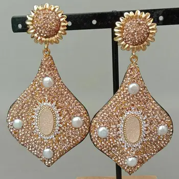 

White Pearl Agate Druzy Champagne color Macacrsite Stud Dangle Earrings