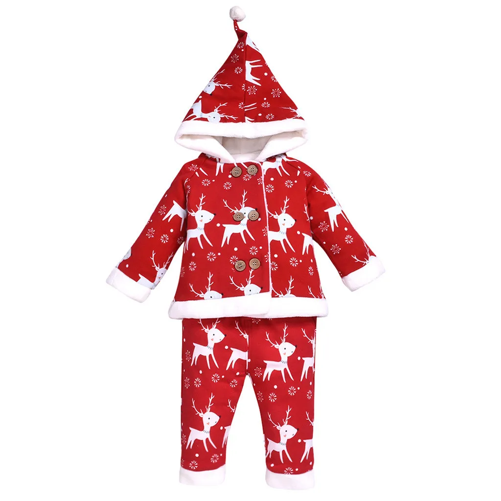 Christmas Newborn Boys Girls Clothes Deer Cartoon Tops Pants Outfits Set Infant Baby Hooded Sweatshirt Cotton Suit | Детская одежда и
