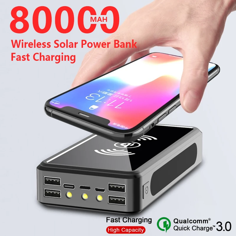 Qi Беспроводное зарядное устройство 80000 мАч солнечный Power Bank мобильного питания 4usb