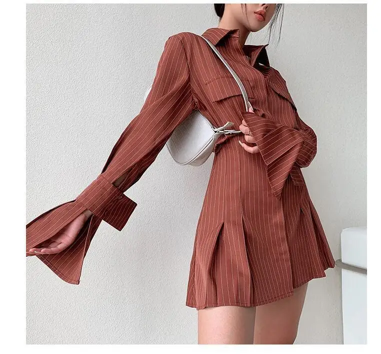 2021 Spring Long Sleeve White Pleated Shirts Women Casual Turn Down Collar Chiffon Blouse Office Lady A Line Style Vestidos Tops 29