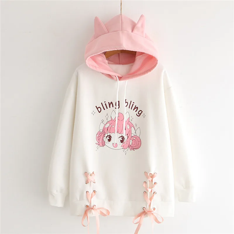 Lychee для девочек с героями мультфильмов; женские флисовые толстовки с капюшоном и надписью; сезон весна-осень-зима; женские топы; милые женские пуловеры на шнуровке