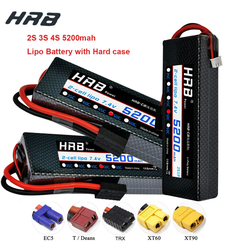 

HRB 5200mAh 7.4V 50C 2S LiPo RC Battery Pack with Hard Case Deans Plug for 1:16 1:12 RC Car Truck Truggy Buggy Tanks Helicopter