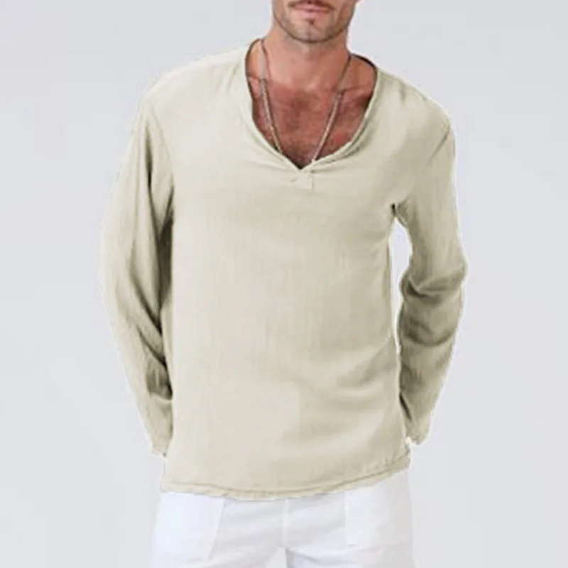 

Men Casual T-shirt Simple White Loose European and American Ethnic Style Cotton Linen Shirt Men's Light Inner Outer Wear Jacket