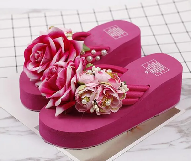 Самая популярная модель года; Новинка; Вьетнамки ручной работы с цветами и жемчугом; Летняя женская обувь; сандалии; обувь на танкетке; женские сандалии - Цвет: rose red