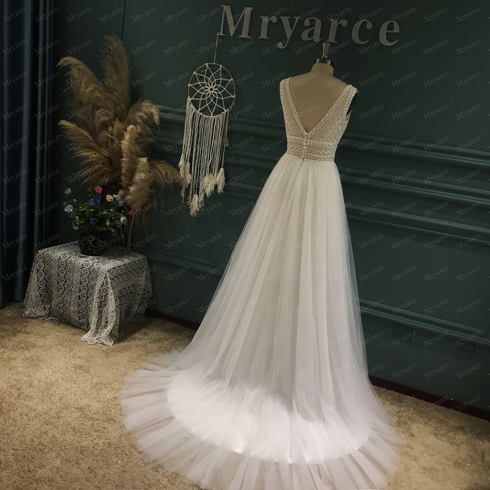 Mryarce Affordable Elegant V Neck Sleeveless Boho Lace Wedding Dress Tulle  A Line Bridal Gowns