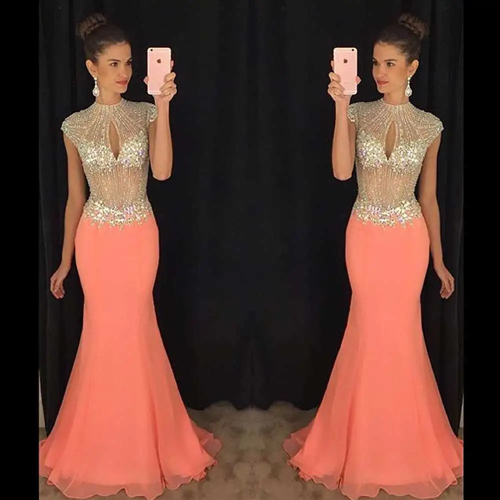 

New Arrival Pink Chiffon Mermaid Prom Dress 2019 High Neck Sequined Cap Sleeves Floor Length Zipper Back Vestido De Festa