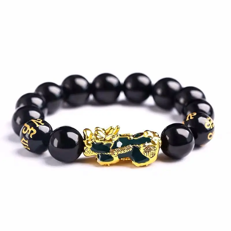 Feng Shui Obsidian Stone Beads Bracelet Wristband Gold Black Pixiu Wealth Good Luck Women Bracelet  Men Women Unisex